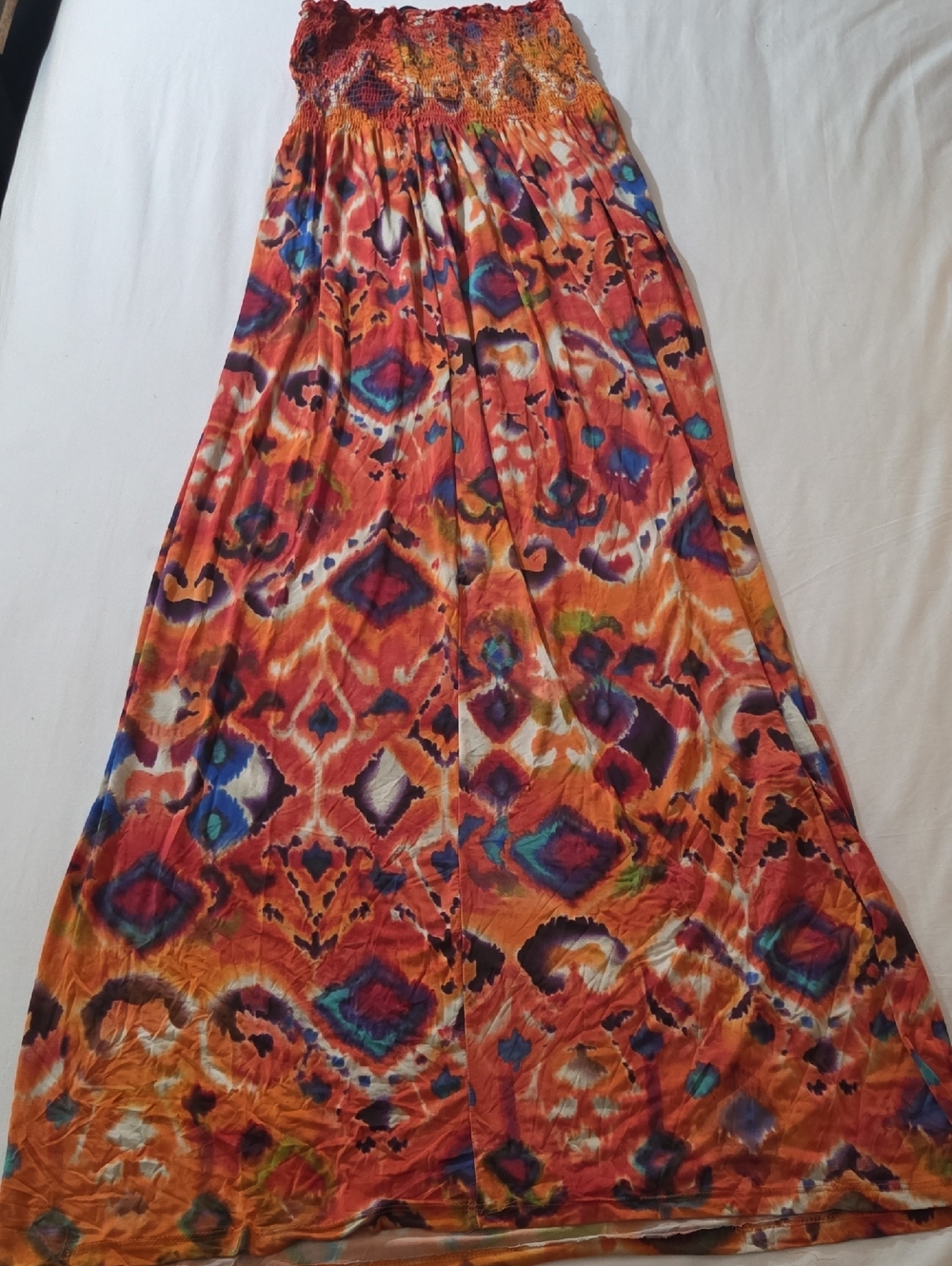 Vibrant Orange Multi-Color Smocked-Waist Maxi Skirt